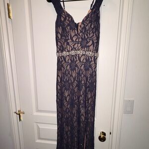 City Triangles Navy Lace Dress with Blush Lining